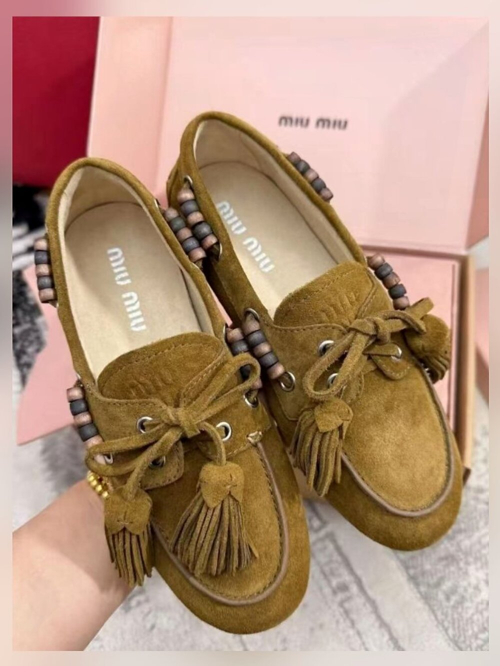 Miu Miu Caramel Suede Tassel Beaded Lace Loafers